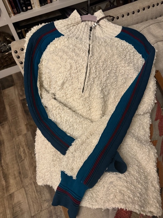 STS Ranchwear Cream Sherpa Zip Pullover with Teal and Navy Shoulder Stripes - Picture 3 of 6